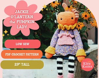 May include: A handmade crochet doll named Jackie O'Lantern the Pumpkin Lady. The doll is orange, purple, and yellow, with black and white striped legs. The doll is 29 inches tall. The image includes text that says "LOW SEW" and "PDF CROCHET PATTERN".