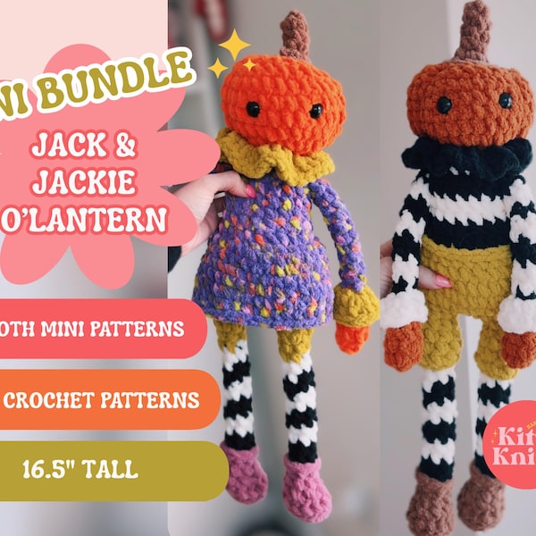 BUNDLE SET: MINI Jack & Jackie O'Lantern Crochet Patterns, Mini Pumpkin Man Lady Plushy Crochet Patterns, Halloween Crochet Patterns