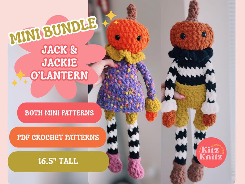 May include: Two crocheted dolls, Jack and Jackie O'Lantern, featuring orange pumpkin heads with black eyes and brown stems. The text reads MINI BUNDLE JACK & JACKIE O'LANTERN, BOTH MINI PATTERNS, PDF CROCHET PATTERNS, and 16.5" TALL. The dolls have striped legs.
