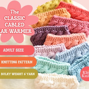 Puede incluir: Una colección de orejeras de punto de colores, en tonos como rojo, naranja, morado y azul. Se muestra el texto "The Classic Cabled Ear Warmer", junto con "Adult Size", "PDF Knitting Pattern" y "Super Bulky Weight 6 Yarn".