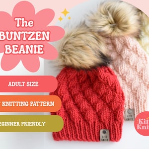 Puede incluir: Gorros de punto rojos, rosas y crema con pompones de piel sintética. El gorro rojo está en primer plano, con un diseño de punto trenzado. La imagen incluye texto que dice "The Buntzen Beanie", "Adult Size", "PDF Knitting Pattern" y "Beginner Friendly".