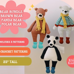 Puede incluir: Un conjunto de tres patrones de crochet de osos: oso pardo, oso panda y oso polar. Los osos miden aproximadamente 63,5 cm de altura y llevan bufandas y suéteres. La imagen incluye el texto "Bear Bundle" y "PDF Crochet Patterns."