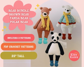 Crochet Bear Plushy Pattern Bundle,  Large Polar Bear Plushy , Brown Bear Plushy , Panda Bear Crochet Stuffed Animal Amigurumi Patterns