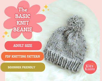 The Basic Beanie Knitting Pattern, Super Bulky Beginner Knit Hat Pattern, Beginner Knitter Hat Tutorial, Easy Knitted Toque Pattern