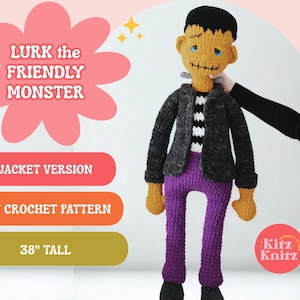 May include: A crochet monster doll with black hair, a yellow face, and stitched mouth details. It wears a dark gray jacket, a black and white striped shirt, and purple pants. Text reads: LURK the FRIENDLY MONSTER, JACKET VERSION, PDF CROCHET PATTERN, 38" TALL.