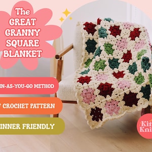 Puede incluir: Una manta de ganchillo Granny Square hecha a mano, sobre una silla. La manta presenta una base de color crema con cuadrados coloridos en rojo, verde y rosa. El texto en la imagen dice: "The Great Granny Square Blanket", "Join-As-You-Go Method", "PDF Crochet Pattern", y "Beginner Friendly".
