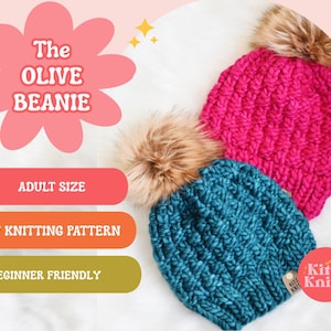 Puede incluir: The Olive Beanie, un patrón de tejido PDF para un gorro de adulto. La imagen muestra dos gorros, uno fucsia y otro turquesa, cada uno con un pompón de piel sintética. El texto indica que el patrón es apto para principiantes.