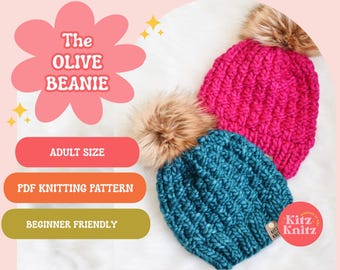 The Olive Beanie Knitting Pattern, Super Bulky Beginner Knit Hat Pattern, Textured Knit Hat Pattern, Easy Knit Hat Pattern, KitzKnitz