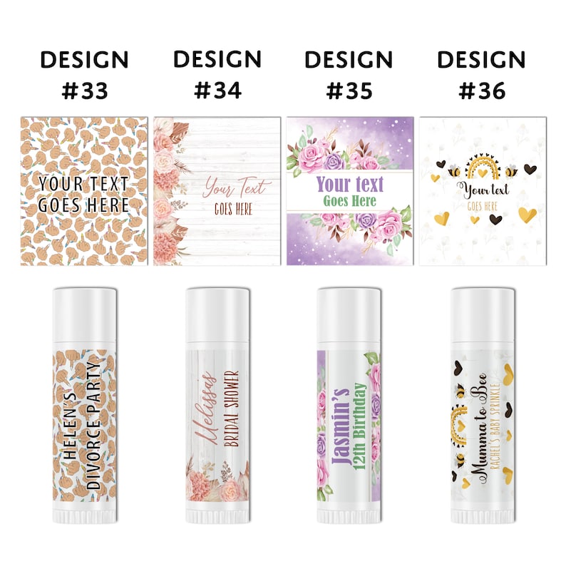 Puede incluir: Cuatro dise&ntilde;os diferentes para etiquetas de b&aacute;lsamo labial. Los dise&ntilde;os incluyen un patr&oacute;n de manos haciendo el dedo medio, un dise&ntilde;o floral con un fondo de madera, un dise&ntilde;o floral con un fondo morado y un dise&ntilde;o con un arco&iacute;ris, abejas y corazones.