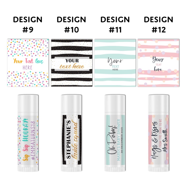 Puede incluir: Cuatro dise&ntilde;os diferentes para etiquetas de b&aacute;lsamo labial. Los dise&ntilde;os presentan confeti de colores, rayas blancas y negras, rayas azules y blancas y rayas rosas y blancas. El texto en las etiquetas incluye "Sip Sip Hooray! #EMMATURNS18", "STEPHANIE'S bride squad", "Oh Baby! MARDI'S BABY SHOWER 30 DECEMBER 2021", y "Hugs & Kisses FROM THE SOON TO BE Mrs Smith".