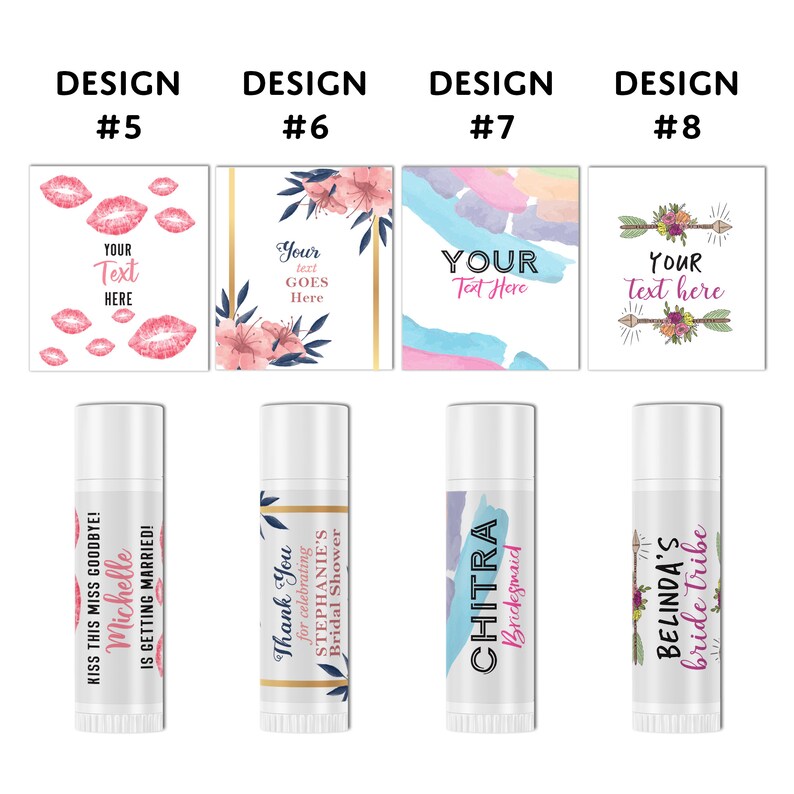 Puede incluir: Cuatro dise&ntilde;os diferentes para etiquetas de b&aacute;lsamo labial. Los dise&ntilde;os incluyen un patr&oacute;n floral rosa y blanco, un dise&ntilde;o de acuarela con colores rosa, azul y morado, un dise&ntilde;o con un patr&oacute;n floral rosa y blanco con flechas y un dise&ntilde;o con labios rosas. Las etiquetas est&aacute;n impresas en tubos blancos.