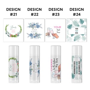 Puede incluir: Cuatro dise&ntilde;os diferentes para etiquetas de b&aacute;lsamo labial. Los dise&ntilde;os presentan patrones florales, un brindis con champ&aacute;n y un patr&oacute;n de hojas tropicales. El texto en las etiquetas incluye "Maid of Honour", "bridesmaid", "Cheers to the future Mrs. Jones", y "#DrinkUpBitches Christina's Hens 22 December 2022".