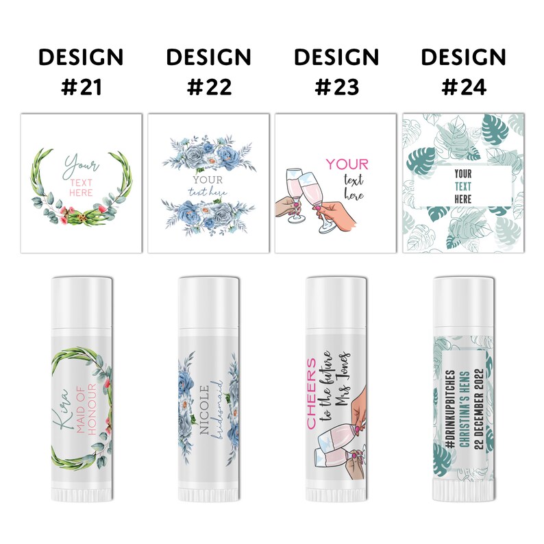Puede incluir: Cuatro dise&ntilde;os diferentes para etiquetas de b&aacute;lsamo labial. Los dise&ntilde;os presentan patrones florales, un brindis con champ&aacute;n y un patr&oacute;n de hojas tropicales. El texto en las etiquetas incluye "Maid of Honour", "bridesmaid", "Cheers to the future Mrs. Jones", y "#DrinkUpBitches Christina's Hens 22 December 2022".
