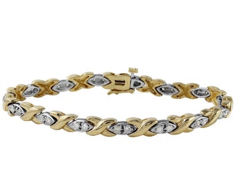 Women's XO Round Cut Diamond Tennis Bracelet in 14K Two Tone Yellow and White Gold