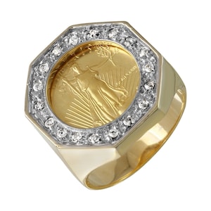 Men's 22K American Gold Eagle Coin Round Cut Diamond Octagon Signet Ring in 14K Yellow Gold