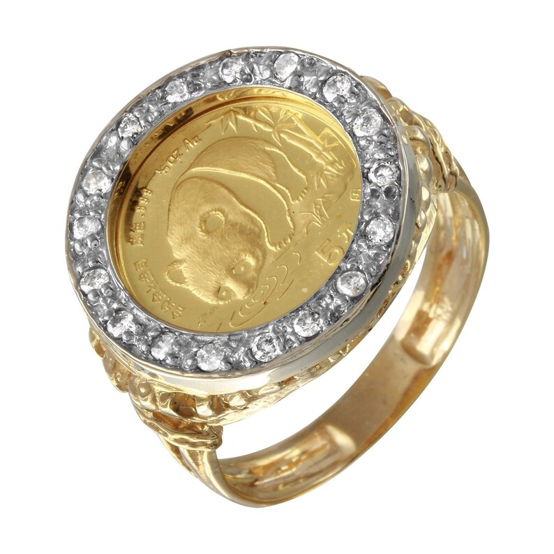 24K Gold Panda Coin Ring in 14K Yellow Gold With Filigree and