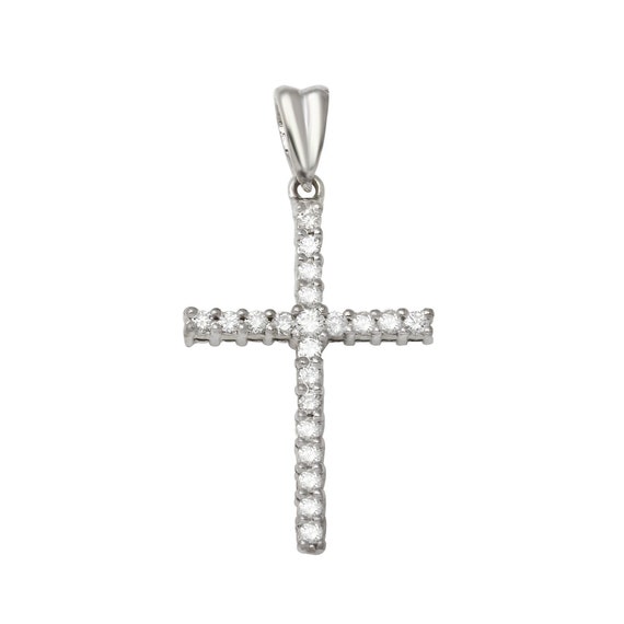 Prong Set Round Cut Diamond Cross Pendant in 14K White Gold (No Chain)