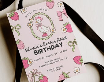 Strawberry First Birthday Invitation Template: Berry Sweet 1st Birthday Invite