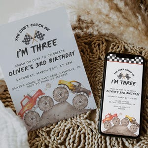 Faire-part d'anniversaire Monster Truck : « Je ne peux pas m'attraper, j'ai trois ans » (téléchargement numérique)