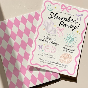 May include: A pink and white slumber party invitation with a matching envelope. The invitation features the text "Slumber Party!" and details for Olivia's 11th birthday, including the date, time, and location.