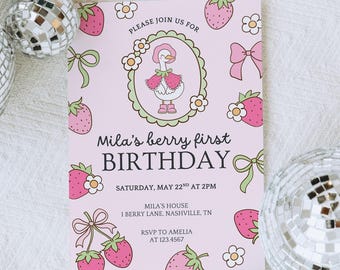 Berry First Birthday Invitation, Strawberry 1st Birthday Invite, Girl First Birthday Invitation Template, Berry 1st Birthday Invite