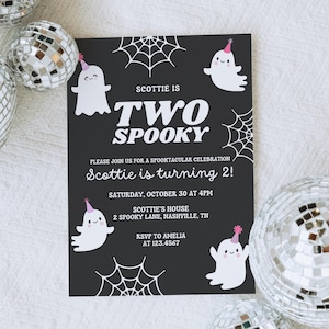Editable Two Spooky Birthday Invitation Template Halloween 2nd Birthday Invite for Girl Cute Ghost Birthday Party Invitation