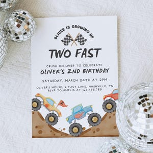 Bewerkbare Monster Truck-verjaardagsuitnodiging: Two Fast Party (afdrukbaar en digitaal)