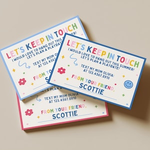 May include: Three colourful cards with the text "LET'S KEEP IN TOUCH" and a playful design. The cards include the message "I would love to hang out this summer! Let's plan a playdate!" and contact information. The cards are decorated with flowers, stars, and a smiley face.