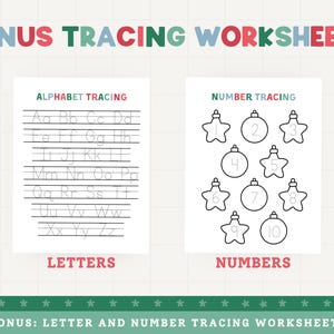 May include: Two white worksheets with tracing exercises. One features the alphabet, the other numbers 1-10 inside star and ornament shapes. The words "ALPHABET TRACING", "LETTERS", "NUMBER TRACING", and "NUMBERS" are displayed.