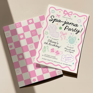 May include: A pink and white Spa-jama Party invitation with a matching patterned backing. The invitation features the text "Spa-jama Party!" and details for Olivia's 8th birthday, including the date, time, and location.