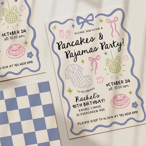 Mall för inbjudningar till födelsedagsfest med pannkakor och pyjamas, redigerbar födelsedagsinbjudan för alla åldrar
