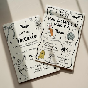 May include: Two off-white Halloween party invitation cards with black line art illustrations including skeletons, ghosts, bats, a disco ball, and bows. The text reads: Please join us for a Halloween party, Here's the details, and Let's eat, drink, & be scary.
