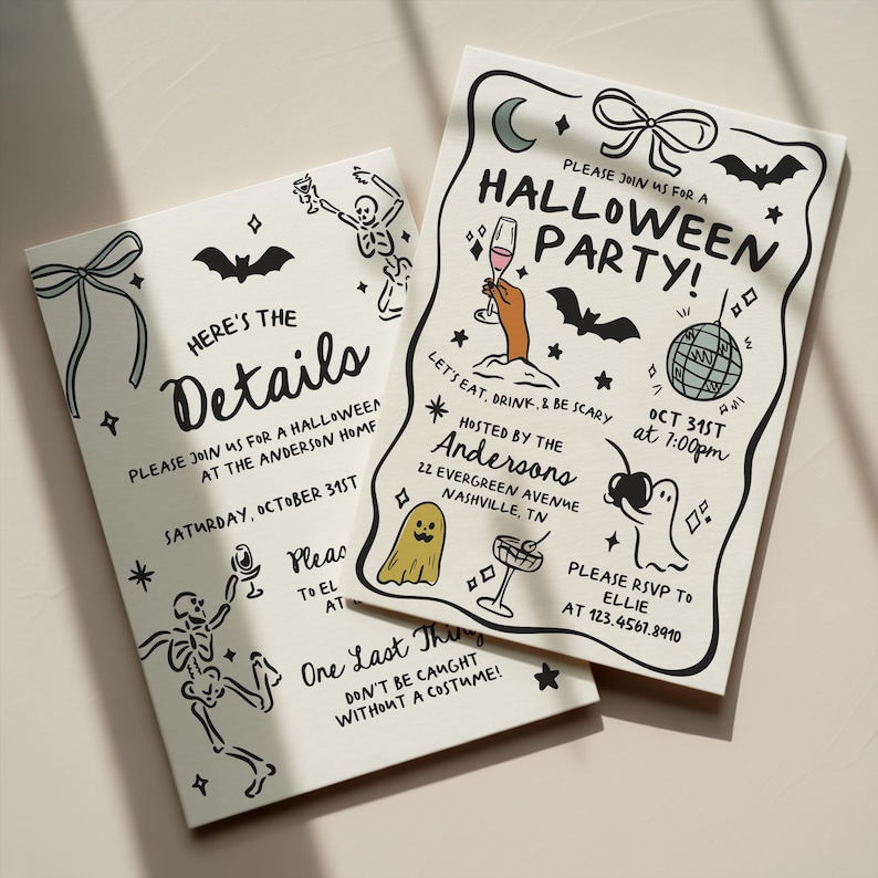 May include: Two off-white Halloween party invitation cards with black line art illustrations including skeletons, ghosts, bats, a disco ball, and bows. The text reads: Please join us for a Halloween party, Here's the details, and Let's eat, drink, & be scary.