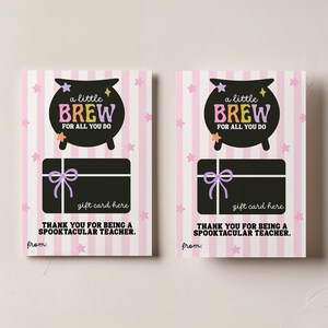 May include: Two gift cards with a pink and white striped design. Each card has a black cauldron graphic with the text "a little BREW for all you do." Below is a black gift card area with a purple bow and the text "gift card here."