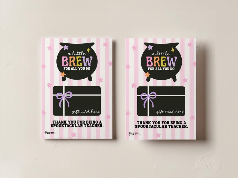 May include: Two gift cards with a pink and white striped design. Each card has a black cauldron graphic with the text "a little BREW for all you do." Below is a black gift card area with a purple bow and the text "gift card here."