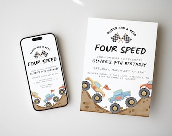 Monster Truck 4th Birthday Invitation: Need Four Speed, Editable Canva Template (Digital Download)