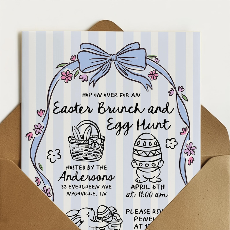 May include: An Easter brunch and egg hunt invitation card. The card features a light blue striped background with a light blue bow and floral accents. The text reads "Hop on over for an Easter Brunch and Egg Hunt".