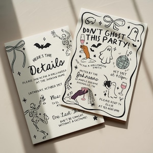 May include: Two off-white rectangular Halloween party invitation cards with black hand-drawn illustrations of ghosts, skeletons, bats, disco balls, and bows. The text reads: Don't Ghost This Party, Here's The Details, and includes event information.