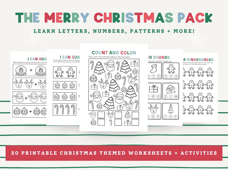 May include: A collection of 20 printable Christmas-themed worksheets and activities. The worksheets include counting, addition, subtraction, and letter recognition exercises. The title reads "The Merry Christmas Pack" with the tagline "Learn Letters, Numbers, Patterns + More!"