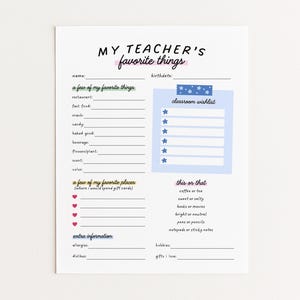 Könnte beinhalten: Ein weißes Blatt Papier mit dem handgeschriebenen Text "MY TEACHER'S favorite things". Das Blatt enthält Ausfüllfelder für Lieblingsdinge, Orte und eine Klassen-Wunschliste.