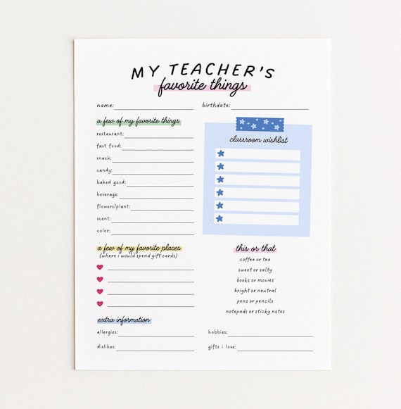 Editable Teacher Favorite Things Questionnaire Printable, Teacher Survey (Digital Download)