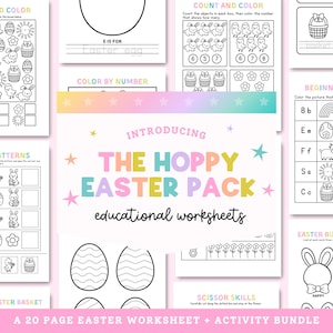 Può includere: Una raccolta di schede didattiche a tema pasquale. Le pagine presentano attività come contare, colorare, riconoscimento di modelli e abilità con le forbici. Il titolo "The Hoppy Easter Pack" è visualizzato in lettere colorate, con il testo "educational worksheets" sotto.