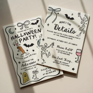 May include: Two off-white Halloween party invitation cards featuring black line art of skeletons, bats, bows, a ghost, and cocktails. The text reads: Please join us for a Halloween party, Here's the details, Please RSVP, and One last thing.