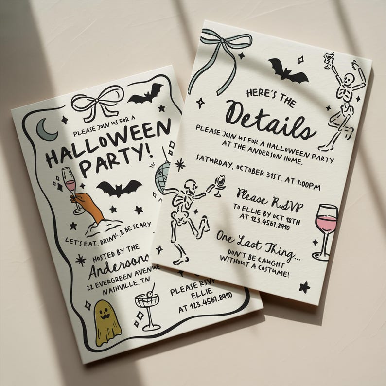 May include: Two off-white Halloween party invitation cards featuring black line art of skeletons, bats, bows, a ghost, and cocktails. The text reads: Please join us for a Halloween party, Here's the details, Please RSVP, and One last thing.