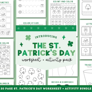 May include: A St. Patrick's Day worksheet and activity pack with various educational activities. The pages include pattern practice, counting, coloring, and letter sound exercises. The cover features the text "The St. Patrick's Day Worksheet + Activity Pack".
