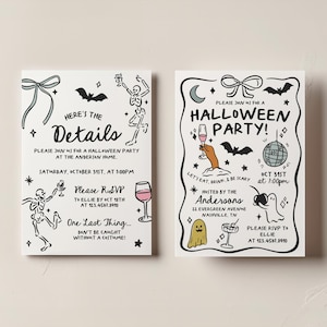 May include: Two white rectangular Halloween party invitation cards with black hand-drawn illustrations of skeletons, bats, ghosts, a disco ball, and wine glasses. The text includes 'Here's the Details', 'Halloween Party', and event information.