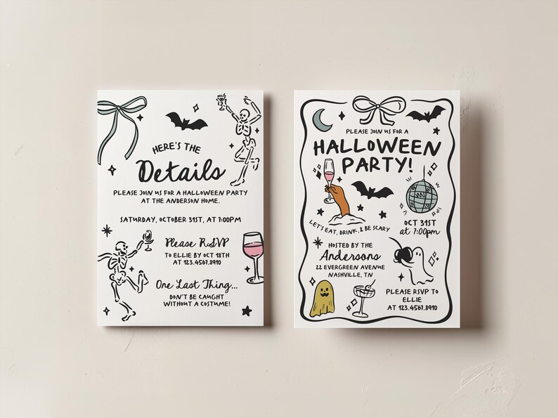 May include: Two white rectangular Halloween party invitation cards with black hand-drawn illustrations of skeletons, bats, ghosts, a disco ball, and wine glasses. The text includes 'Here's the Details', 'Halloween Party', and event information.