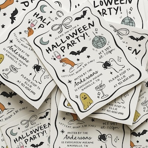 May include: A stack of white Halloween party invitations with black line art featuring a ghost, a disco ball, a bat, a bow, and a hand holding a cocktail. The text reads: Please join us for a Halloween party! Let's eat, drink, & be scary.