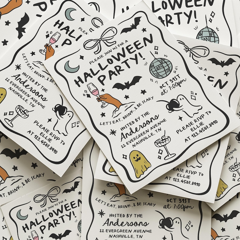 May include: A stack of white Halloween party invitations with black line art featuring a ghost, a disco ball, a bat, a bow, and a hand holding a cocktail. The text reads: Please join us for a Halloween party! Let's eat, drink, & be scary.
