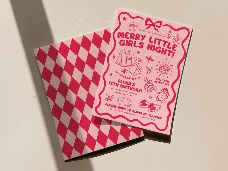 May include: Pink invitation with the text "MERRY LITTLE GIRLS NIGHT!" and illustrations of pajamas, a disco ball, and a gingerbread man. The invitation is for Olivia's 12th birthday, with a red and white diamond pattern on the back.
